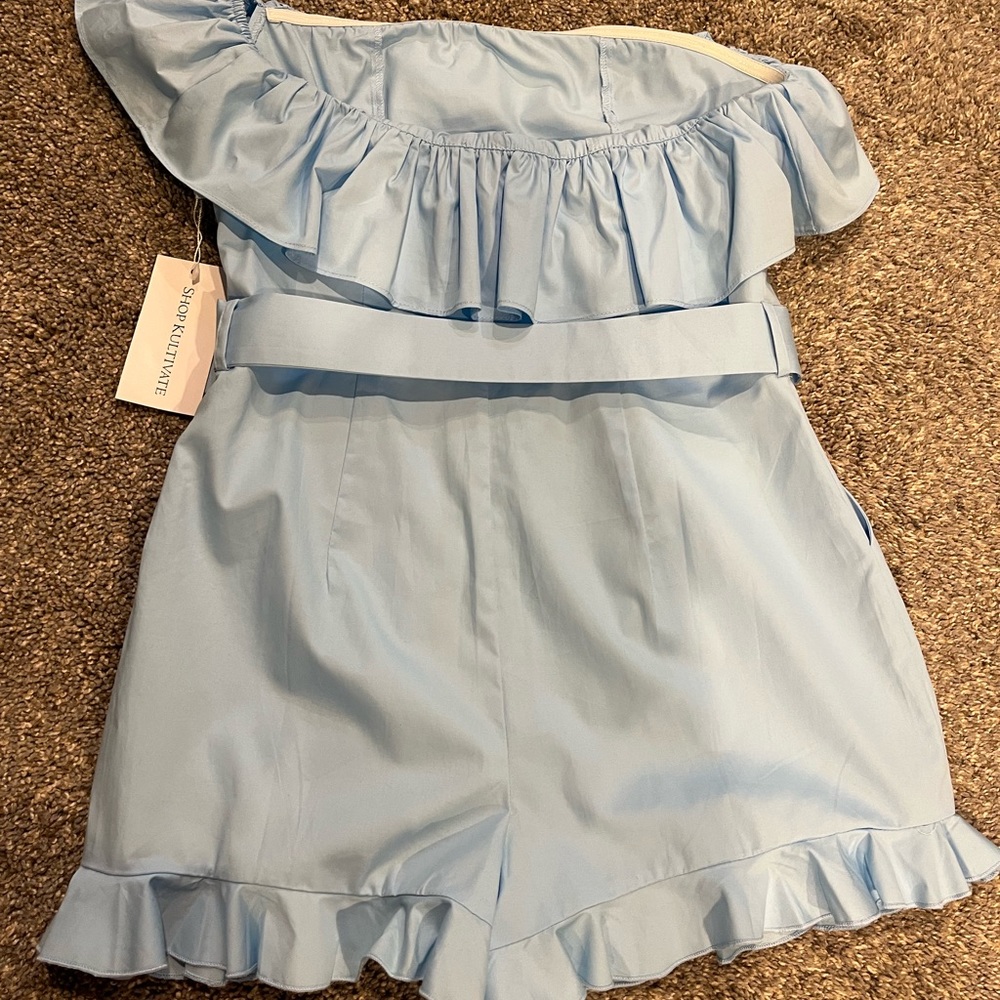 Light Blue Off-Shoulder Ruffle Jumpsuit - Picture 3 of 4